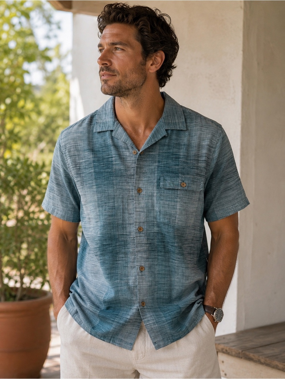 Tommy Bahama XL Teal and Light Blue Short Sleeve Button-Down Shirt silk cotton